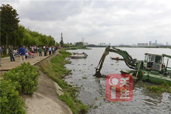 市民圍觀“水上挖機(jī)”作業(yè)