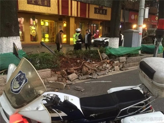 奔馳車翠湖驚心動(dòng)魄穿越綠化帶飛上人行道