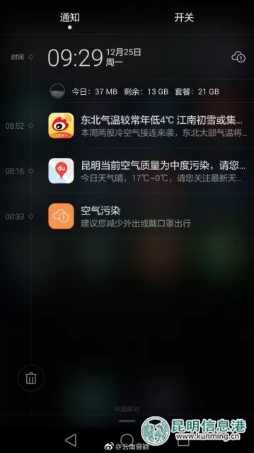 今天的昆明霧霾加中度污染 氣象臺：受弱冷空氣影響風(fēng)速減弱