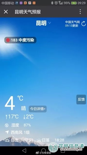 今天的昆明霧霾加中度污染 氣象臺：受弱冷空氣影響風(fēng)速減弱