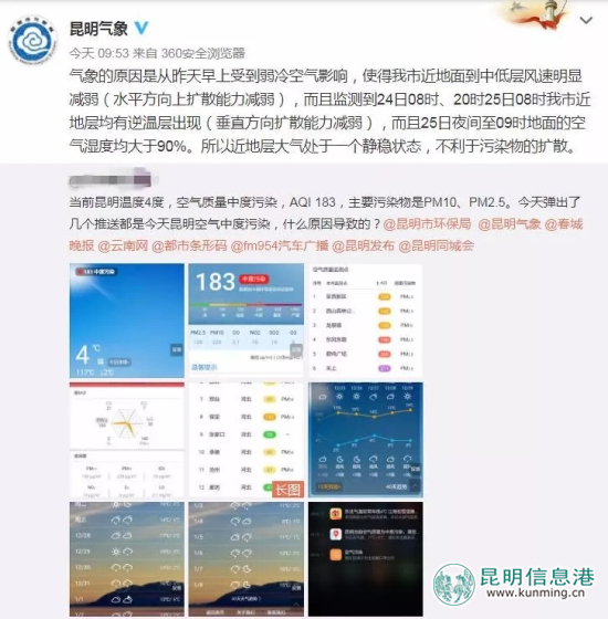 今天的昆明霧霾加中度污染 氣象臺：受弱冷空氣影響風(fēng)速減弱