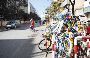 很多共享單車橫七豎八地堆放在新聞路人行道上。