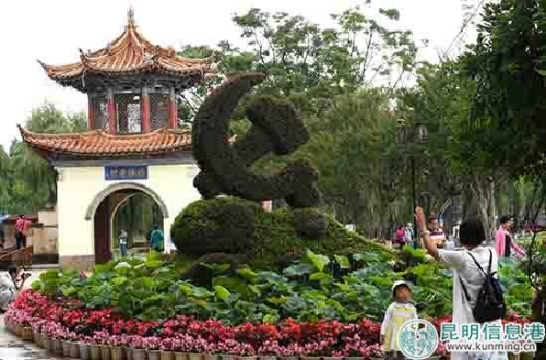 近華浦前的荷花造型組。昆明日?qǐng)?bào)記者楊艷輝攝