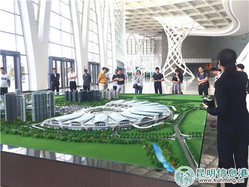 媒體采訪團參考滇池會展中心規(guī)劃沙盤。記者 張薇 攝