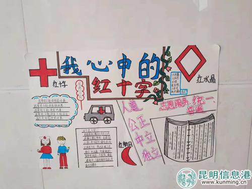 教室一角，學(xué)生手繪作品“我心中的紅十字”