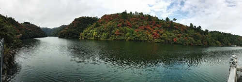 河中沙洲如八葉小舟浮于河面，樹(shù)木綽影，似幾名漁翁息漁戲水，故名“八舟”。