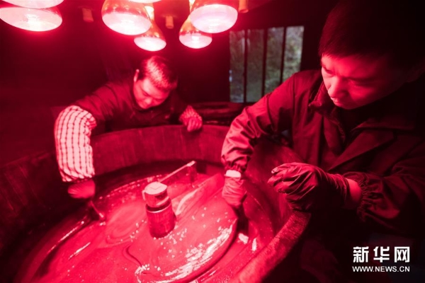 吳榮強（右）和徒弟在龍泉市牛頭嶺村“七分醉”工作室曬漆