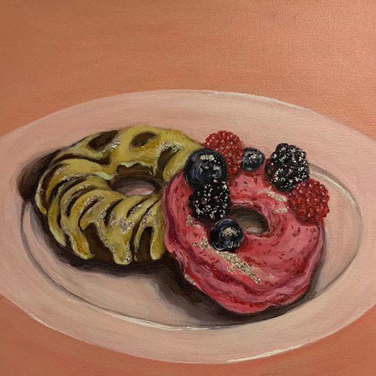 （楊佳）《盤子里的甜甜圈》布面丙烯、閃光粉-40cm-x-40cm-2018年