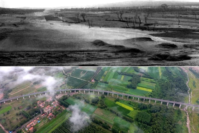 拼版照片：上圖為治理前的山西省右玉縣右衛(wèi)鎮(zhèn)的景象（資料照片）；下圖為2017年7月22日拍攝的山西省右玉縣右衛(wèi)鎮(zhèn)一帶景象（新華社記者 詹彥 攝）。.webp