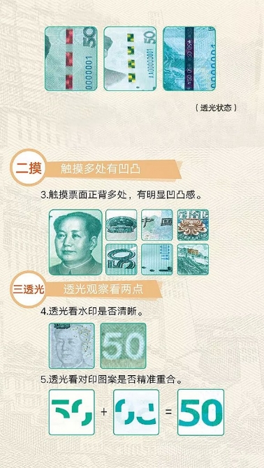 2019年版第五套人民幣識別三招：一轉二摸三透光