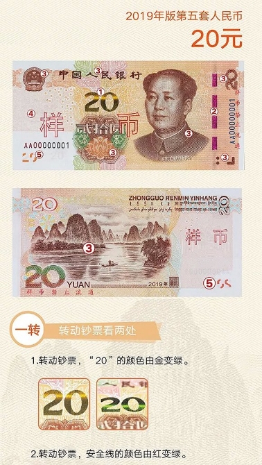 2019年版第五套人民幣識別三招：一轉二摸三透光