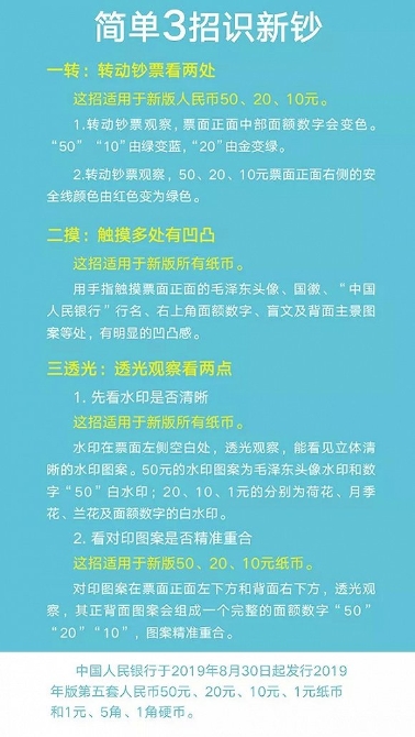 2019年版第五套人民幣識別三招：一轉二摸三透光
