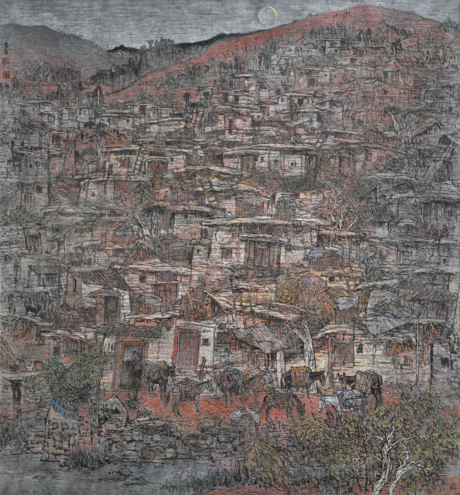 中國畫 李平《云之南·古寨新月》193×180cm