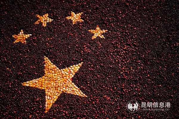 農(nóng)村物拼繪的五星紅旗獻(xiàn)禮祖國。