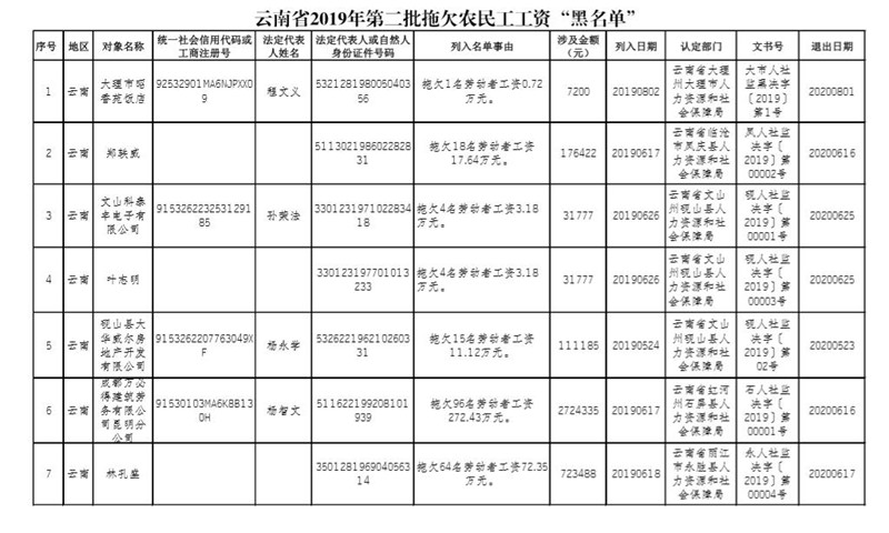 云南省2019年第二批拖欠農(nóng)民工工資“黑名單”1