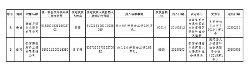 云南省2019年第二批拖欠農(nóng)民工工資“黑名單”2