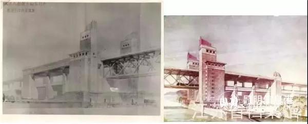 最終選定的南京長江大橋橋頭堡設計手繪圖