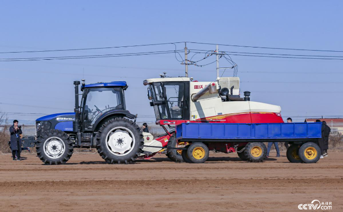 無(wú)人駕駛收割機(jī)與無(wú)人駕駛卸糧車(chē)聯(lián)合作業(yè)　
