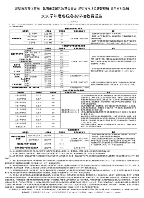 昆明發(fā)布各級各類學校收費通告