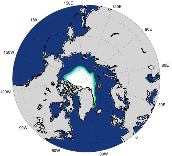 ▲中科院大氣物理研究所ANSO IAP-LASG北極海冰動力集合預(yù)測系統(tǒng)6月份發(fā)布的9月份北極海冰范圍預(yù)測，綠色實線為預(yù)測的北極海冰范圍，白色區(qū)域為海冰區(qū)域。圖片來源：中國科學(xué)報
