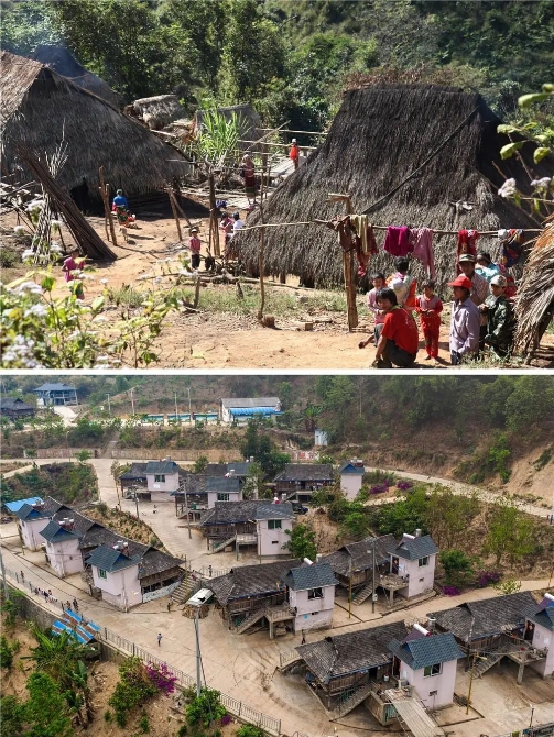 拼版照片，上圖為：曼班三隊村民搬遷前居住的茅草房（資料照片）；下圖為：4月9日拍攝的曼班三隊的村容村貌（新華社記者胡超攝）。新華社發(fā)