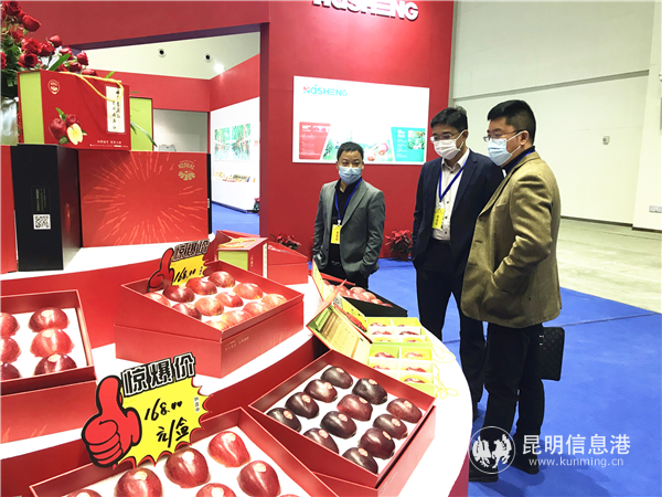 云南碧桂園黨委書(shū)記、總裁潘永卓（左二）現(xiàn)場(chǎng)了解昭通蘋(píng)果 供圖。