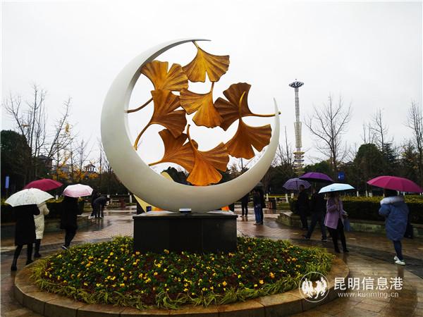 嵩明銀杏廣場，這個標識后就建了一個洗手臺。記者江楓攝