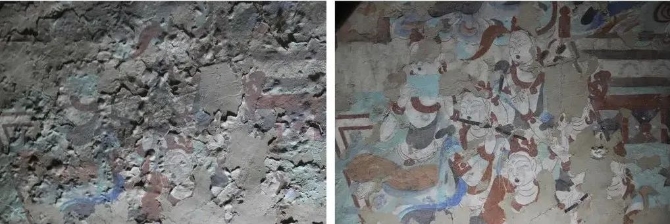 △壁畫(huà)修復(fù)前后對(duì)比圖