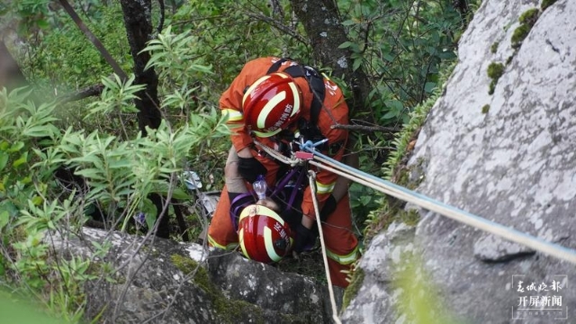 女子摔下懸崖命懸一線，大理消防急速救援（春城晚報-開屏新聞記者 楊維琦 劉文波 通訊員 王廷棟 閆斌 李銀江 攝）