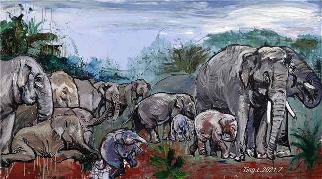 為野象北遷所繪的油畫《尋找家園》 劉婷惠贈