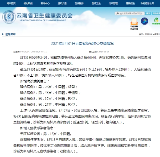 8月31日，云南新增境外輸入確診病例4例、無癥狀感染者1例