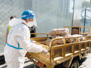 搬運志愿者在運送物資。