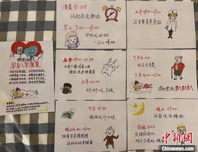 進(jìn)駐上海市公惠醫(yī)院的山西援滬醫(yī)療隊護(hù)理團隊，建立體位管理專業(yè)組，手繪卡通宣教畫指導(dǎo)患者?！∩轿髟疁t(yī)療隊供圖