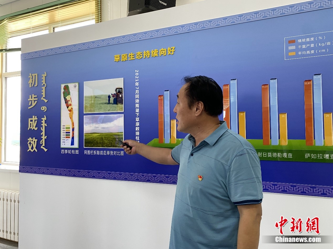 圖為新右旗克爾倫蘇木黨委書記韓永利介紹芒來嘎查牧區(qū)現(xiàn)代化成效。蘇亦瑜 攝