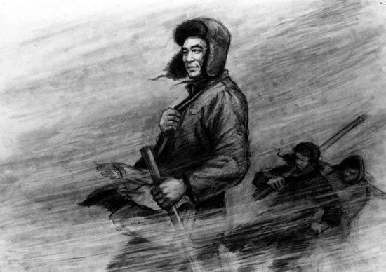 焦裕祿不顧自己患著嚴(yán)重肝病，和調(diào)查隊(duì)的同志們一起投入全縣范圍的追洪水、查風(fēng)口、探流沙的調(diào)查研究工作。新華社發(fā)（當(dāng)年的漫畫，徐天敏作）