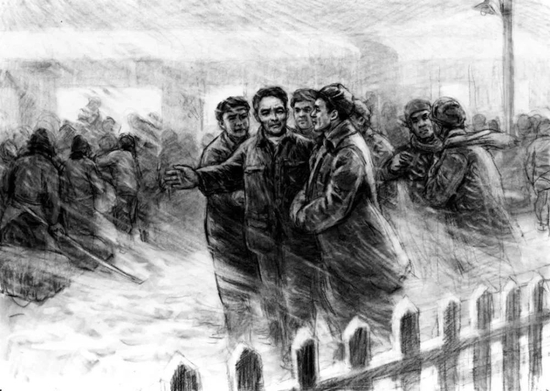 在一個(gè)風(fēng)雪之夜，焦裕祿帶領(lǐng)縣委委員來到蘭考車站，面對(duì)被災(zāi)荒逼得背井離鄉(xiāng)的同胞，意識(shí)到必須要領(lǐng)導(dǎo)群眾，戰(zhàn)勝災(zāi)害，改變蘭考面貌。新華社發(fā)（當(dāng)年的漫畫，黎冰鴻作）