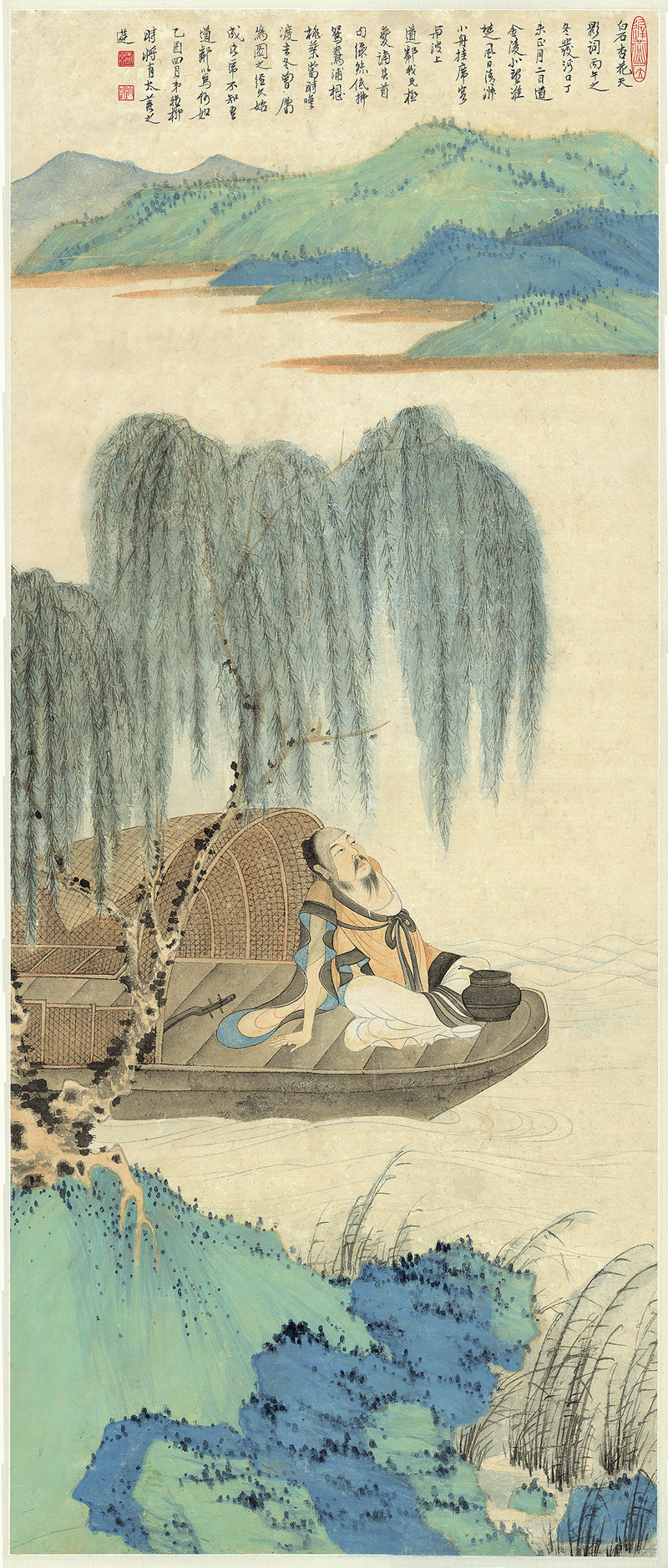 謝稚柳 柳蔭泛舟 116×48.5cm 1945年 紙本設(shè)色 私人收藏.jpg