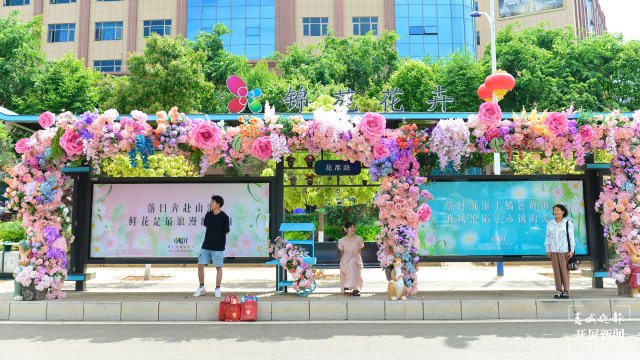 哇，這是“小仙女專列”嗎？昆明斗南有一個鮮花公交站臺?。堄畹?攝）