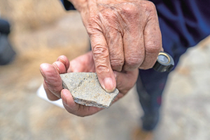 張世山展示在梅樹村剖面發(fā)現(xiàn)的一塊化石，黑點為一種名為軟舌螺的古生物（5月10日攝）
